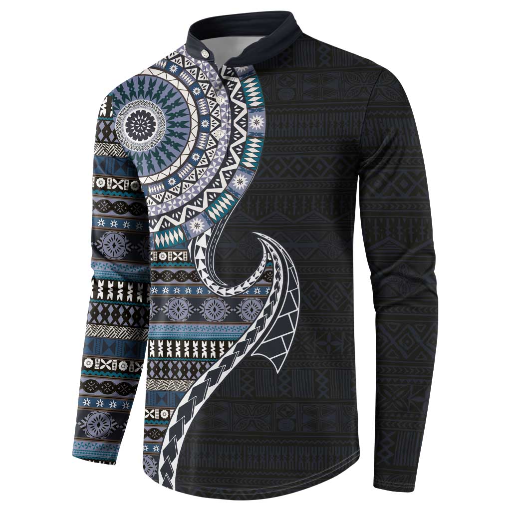 Fijian Masi Tribal Tattoos Art Pattern Button Sweatshirt Navy Color Half Style LT03 - Polynesian Pride