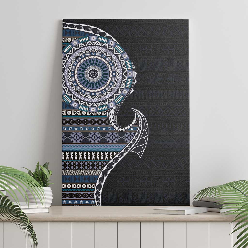 Fijian Masi Tribal Tattoos Art Pattern Canvas Wall Art Navy Color Half Style - Polynesian Pride