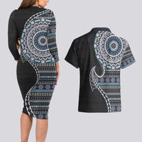 Fijian Masi Tribal Tattoos Art Pattern Couples Matching Long Sleeve Bodycon Dress and Hawaiian Shirt Navy Color Half Style - Polynesian Pride
