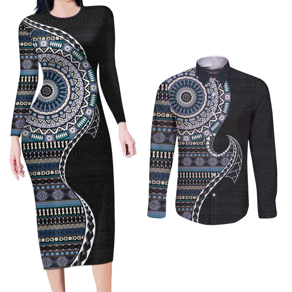 Fijian Masi Tribal Tattoos Art Pattern Couples Matching Long Sleeve Bodycon Dress and Long Sleeve Button Shirt Navy Color Half Style LT03 Navy - Polynesian Pride