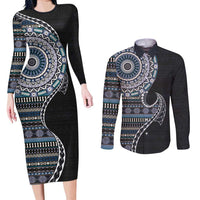 Fijian Masi Tribal Tattoos Art Pattern Couples Matching Long Sleeve Bodycon Dress and Long Sleeve Button Shirt Navy Color Half Style LT03 Navy - Polynesian Pride