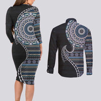 Fijian Masi Tribal Tattoos Art Pattern Couples Matching Long Sleeve Bodycon Dress and Long Sleeve Button Shirt Navy Color Half Style LT03 - Polynesian Pride