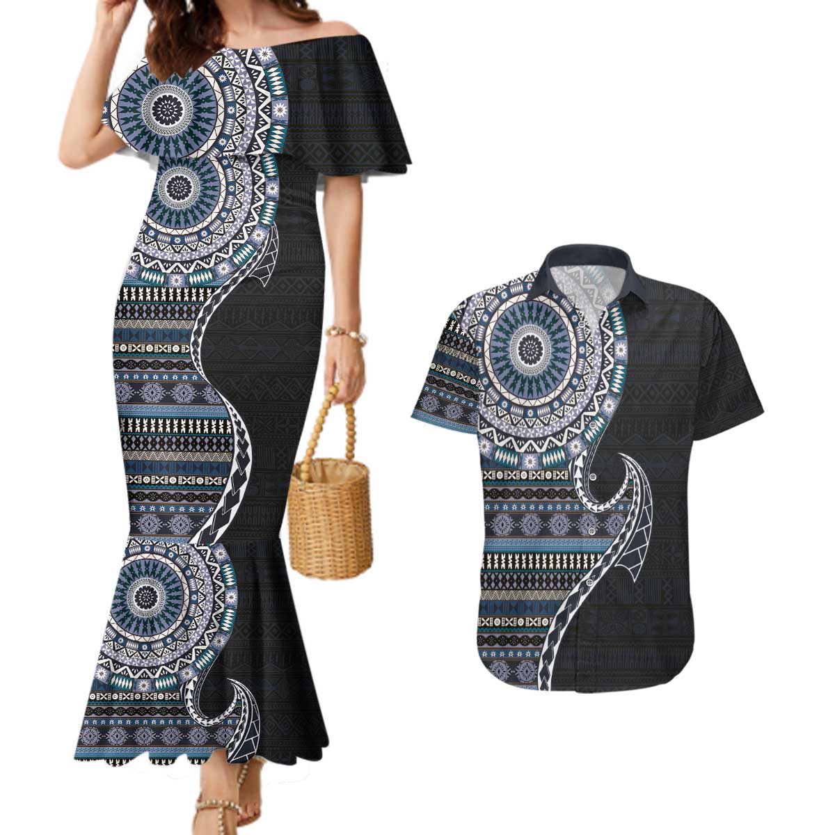 Fijian Masi Tribal Tattoos Art Pattern Couples Matching Mermaid Dress and Hawaiian Shirt Navy Color Half Style - Polynesian Pride