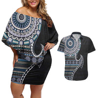 Fijian Masi Tribal Tattoos Art Pattern Couples Matching Off Shoulder Short Dress and Hawaiian Shirt Navy Color Half Style - Polynesian Pride