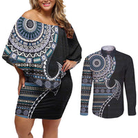 Fijian Masi Tribal Tattoos Art Pattern Couples Matching Off Shoulder Short Dress and Long Sleeve Button Shirt Navy Color Half Style - Polynesian Pride
