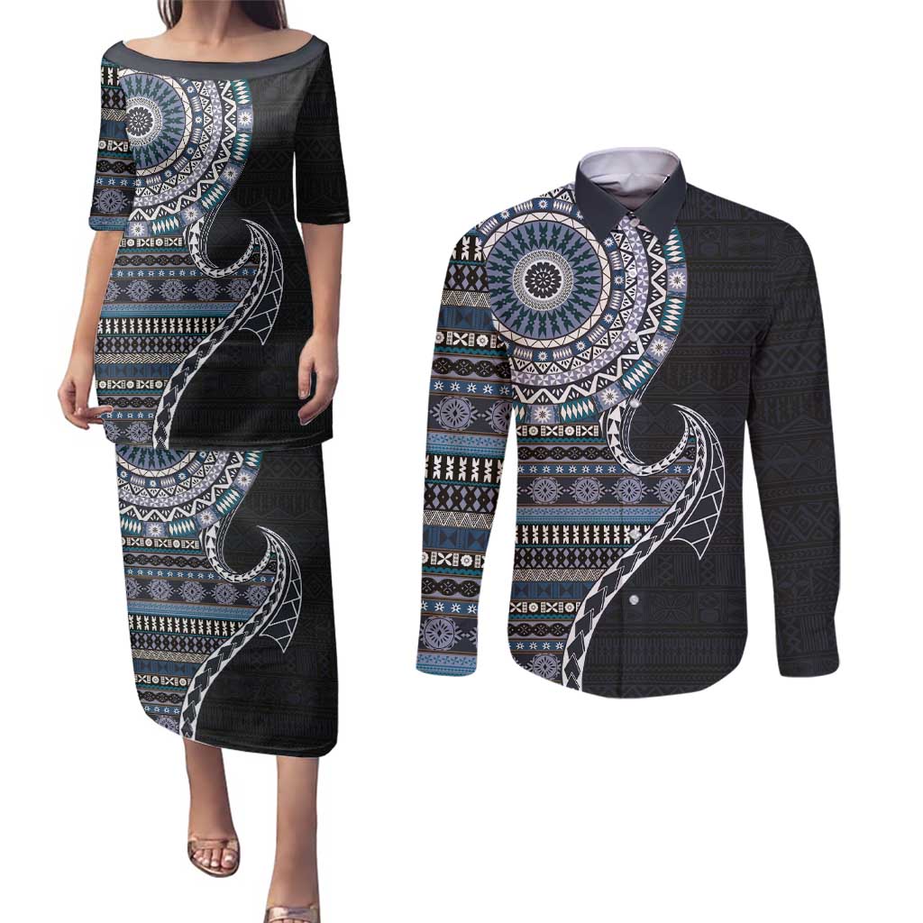 Fijian Masi Tribal Tattoos Art Pattern Couples Matching Puletasi and Long Sleeve Button Shirt Navy Color Half Style LT03 Navy - Polynesian Pride