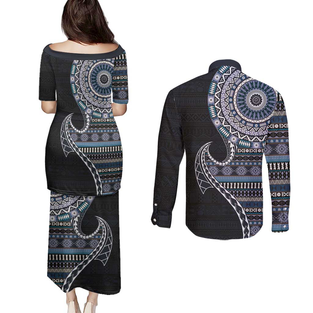 Fijian Masi Tribal Tattoos Art Pattern Couples Matching Puletasi and Long Sleeve Button Shirt Navy Color Half Style LT03 - Polynesian Pride