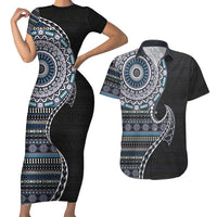 Fijian Masi Tribal Tattoos Art Pattern Couples Matching Short Sleeve Bodycon Dress and Hawaiian Shirt Navy Color Half Style - Polynesian Pride