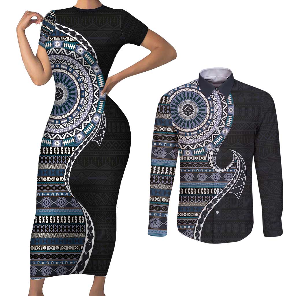 Fijian Masi Tribal Tattoos Art Pattern Couples Matching Short Sleeve Bodycon Dress and Long Sleeve Button Shirt Navy Color Half Style LT03 Navy - Polynesian Pride