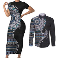 Fijian Masi Tribal Tattoos Art Pattern Couples Matching Short Sleeve Bodycon Dress and Long Sleeve Button Shirt Navy Color Half Style LT03 Navy - Polynesian Pride