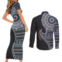 Fijian Masi Tribal Tattoos Art Pattern Couples Matching Short Sleeve Bodycon Dress and Long Sleeve Button Shirt Navy Color Half Style LT03 - Polynesian Pride