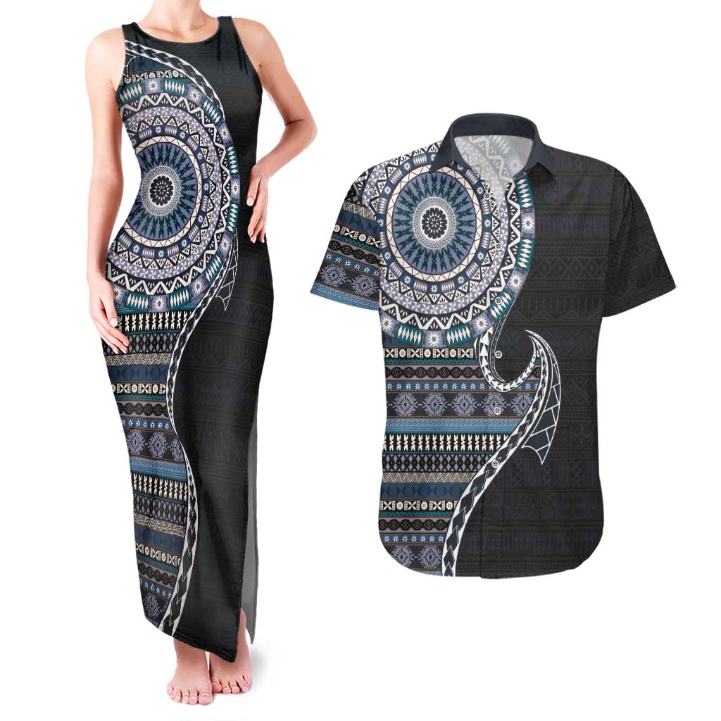 Fijian Masi Tribal Tattoos Art Pattern Couples Matching Tank Maxi Dress and Hawaiian Shirt Navy Color Half Style LT03 Navy - Polynesian Pride