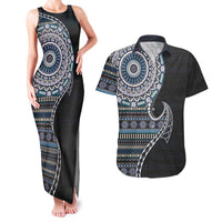 Fijian Masi Tribal Tattoos Art Pattern Couples Matching Tank Maxi Dress and Hawaiian Shirt Navy Color Half Style LT03 Navy - Polynesian Pride