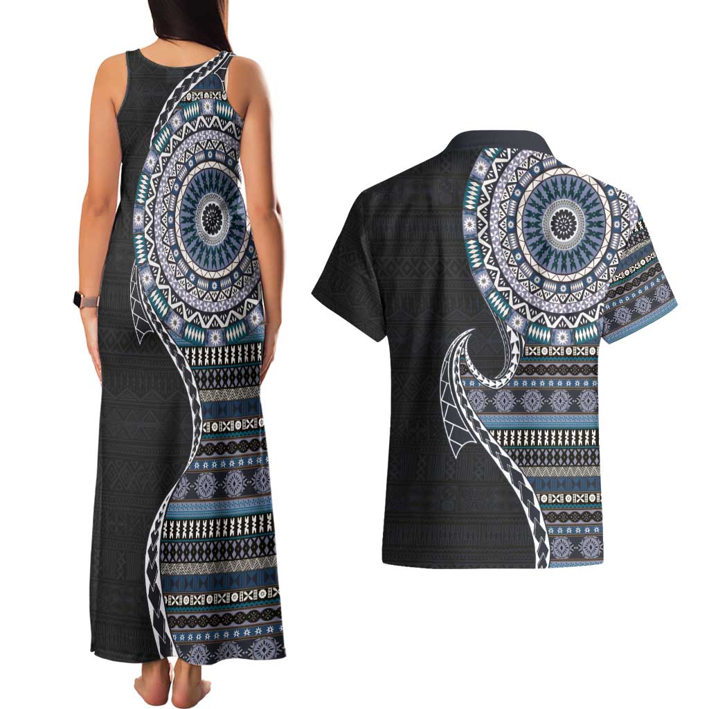 Fijian Masi Tribal Tattoos Art Pattern Couples Matching Tank Maxi Dress and Hawaiian Shirt Navy Color Half Style LT03 - Polynesian Pride