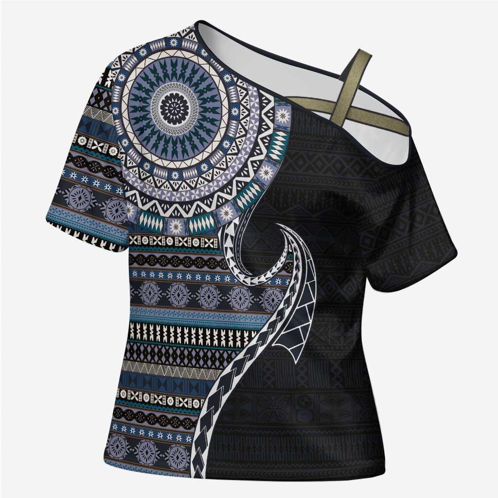 Fijian Masi Tribal Tattoos Art Pattern Cross Shoulder Shirt Navy Color Half Style LT03 Female Navy - Polynesian Pride