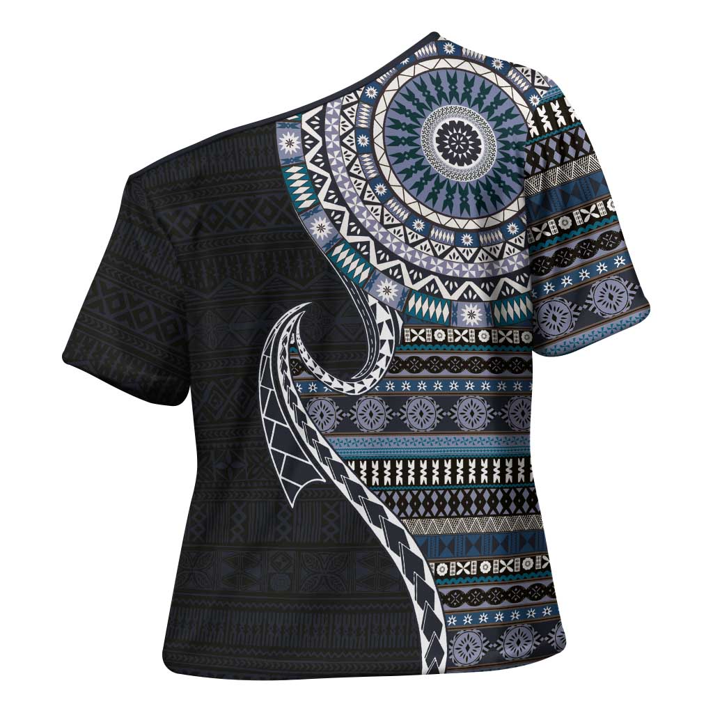 Fijian Masi Tribal Tattoos Art Pattern Cross Shoulder Shirt Navy Color Half Style LT03 - Polynesian Pride
