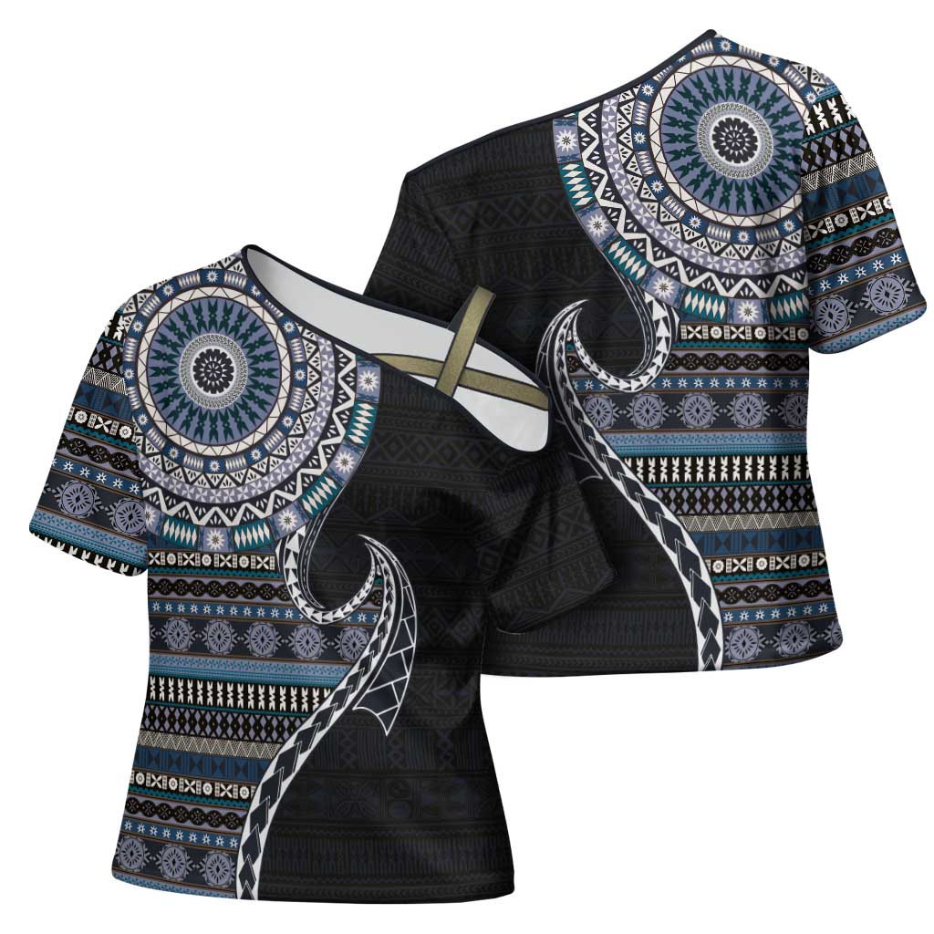 Fijian Masi Tribal Tattoos Art Pattern Cross Shoulder Shirt Navy Color Half Style LT03 - Polynesian Pride