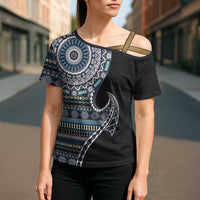Fijian Masi Tribal Tattoos Art Pattern Cross Shoulder Shirt Navy Color Half Style LT03 - Polynesian Pride