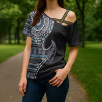 Fijian Masi Tribal Tattoos Art Pattern Cross Shoulder Shirt Navy Color Half Style LT03 - Polynesian Pride
