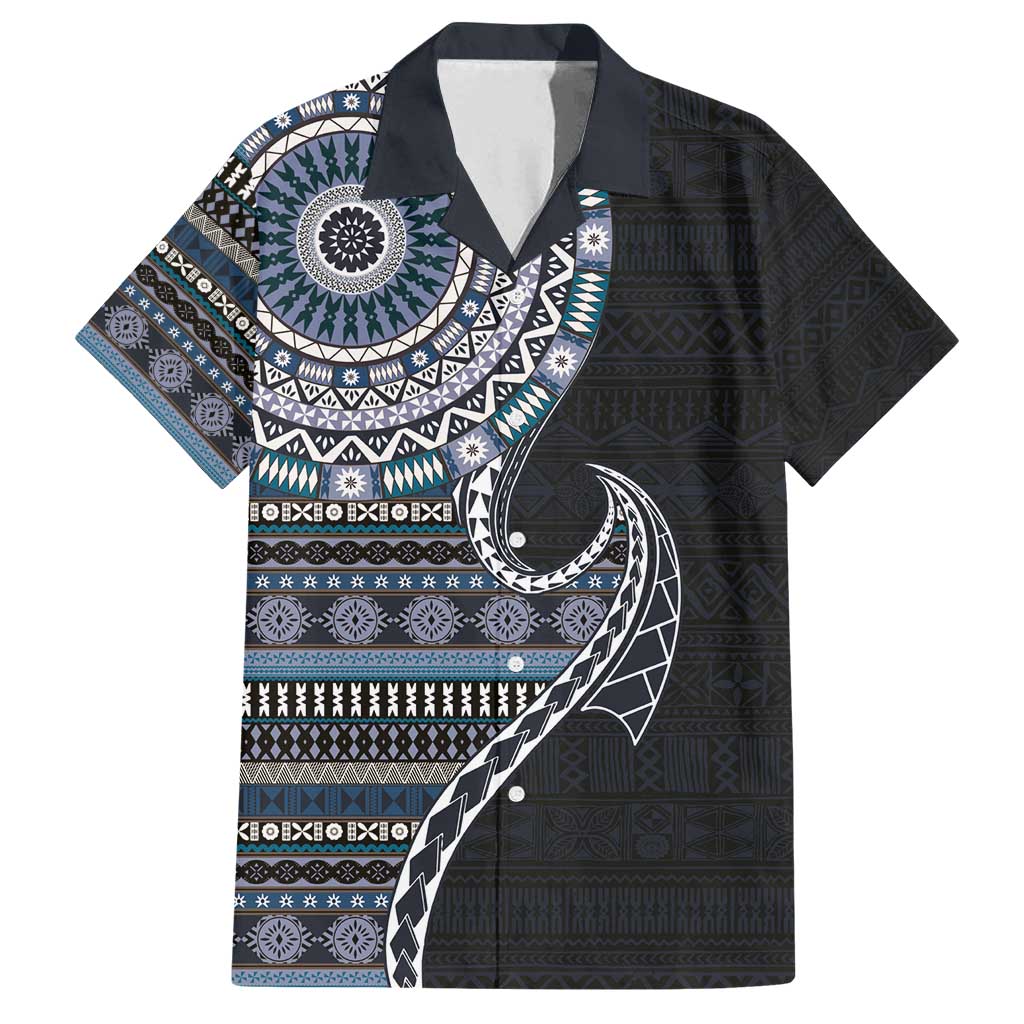 Fijian Masi Tribal Tattoos Art Pattern Family Matching Long Sleeve Bodycon Dress and Hawaiian Shirt Navy Color Half Style - Polynesian Pride