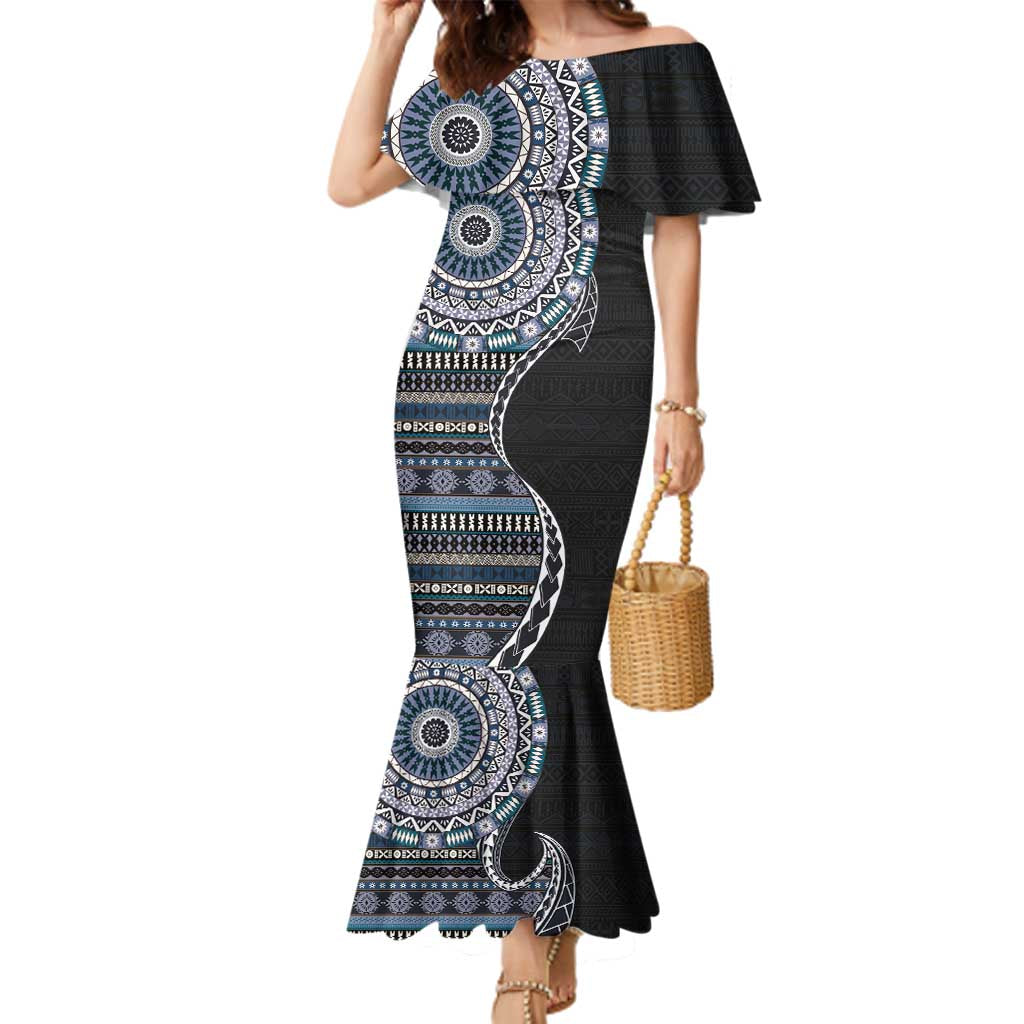 Fijian Masi Tribal Tattoos Art Pattern Family Matching Mermaid Dress and Hawaiian Shirt Navy Color Half Style - Polynesian Pride
