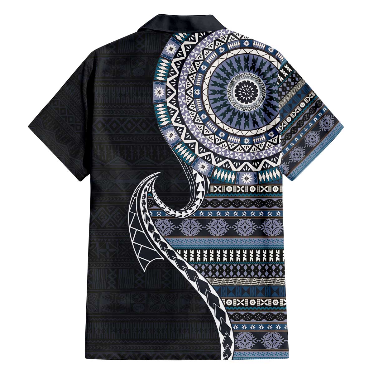 Fijian Masi Tribal Tattoos Art Pattern Family Matching Off The Shoulder Long Sleeve Dress and Hawaiian Shirt Navy Color Half Style - Polynesian Pride