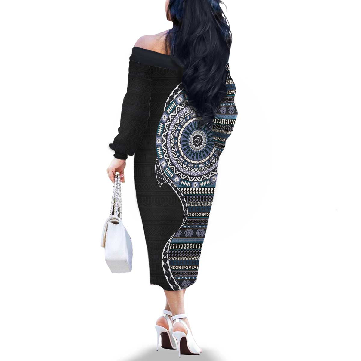 Fijian Masi Tribal Tattoos Art Pattern Family Matching Off The Shoulder Long Sleeve Dress and Hawaiian Shirt Navy Color Half Style - Polynesian Pride