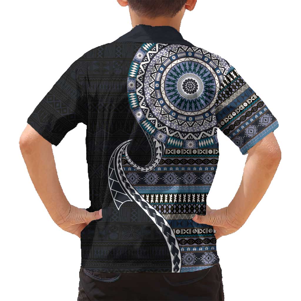 Fijian Masi Tribal Tattoos Art Pattern Family Matching Off Shoulder Short Dress and Hawaiian Shirt Navy Color Half Style - Polynesian Pride
