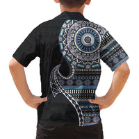 Fijian Masi Tribal Tattoos Art Pattern Family Matching Off Shoulder Short Dress and Hawaiian Shirt Navy Color Half Style - Polynesian Pride