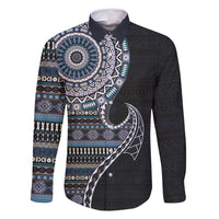 Fijian Masi Tribal Tattoos Art Pattern Family Matching Off Shoulder Short Dress and Hawaiian Shirt Navy Color Half Style - Polynesian Pride