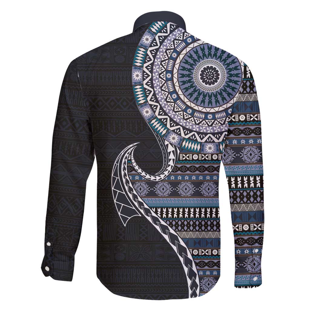 Fijian Masi Tribal Tattoos Art Pattern Family Matching Off Shoulder Short Dress and Hawaiian Shirt Navy Color Half Style - Polynesian Pride