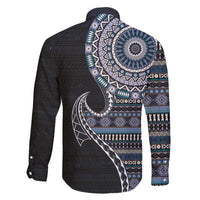 Fijian Masi Tribal Tattoos Art Pattern Family Matching Off Shoulder Short Dress and Hawaiian Shirt Navy Color Half Style - Polynesian Pride