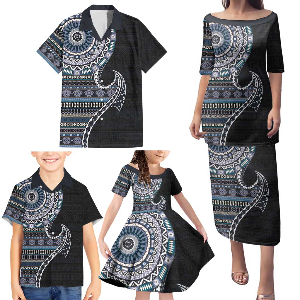 Fijian Masi Tribal Tattoos Art Pattern Family Matching Puletasi and Hawaiian Shirt Navy Color Half Style - Polynesian Pride