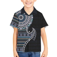 Fijian Masi Tribal Tattoos Art Pattern Family Matching Puletasi and Hawaiian Shirt Navy Color Half Style - Polynesian Pride