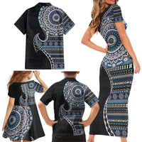 Fijian Masi Tribal Tattoos Art Pattern Family Matching Short Sleeve Bodycon Dress and Hawaiian Shirt Navy Color Half Style - Polynesian Pride