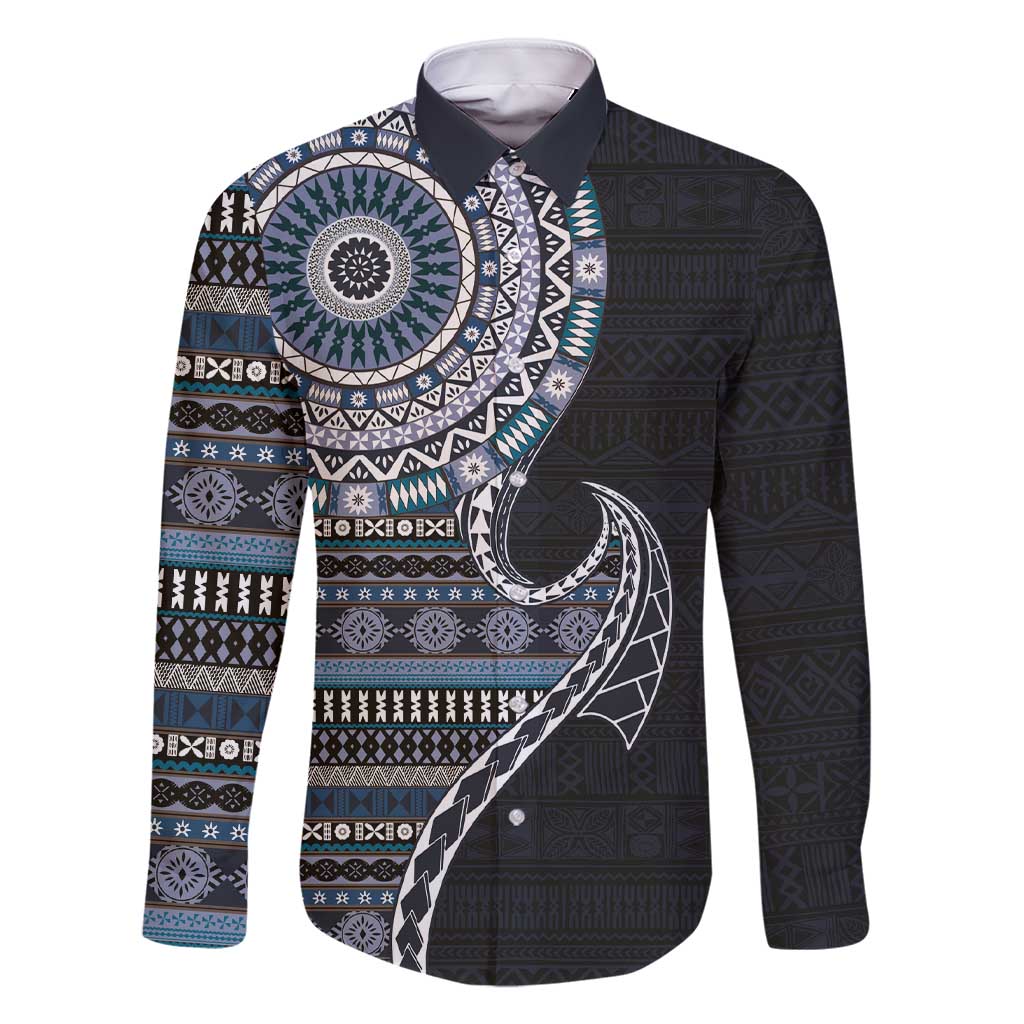 Fijian Masi Tribal Tattoos Art Pattern Family Matching Short Sleeve Bodycon Dress and Hawaiian Shirt Navy Color Half Style - Polynesian Pride