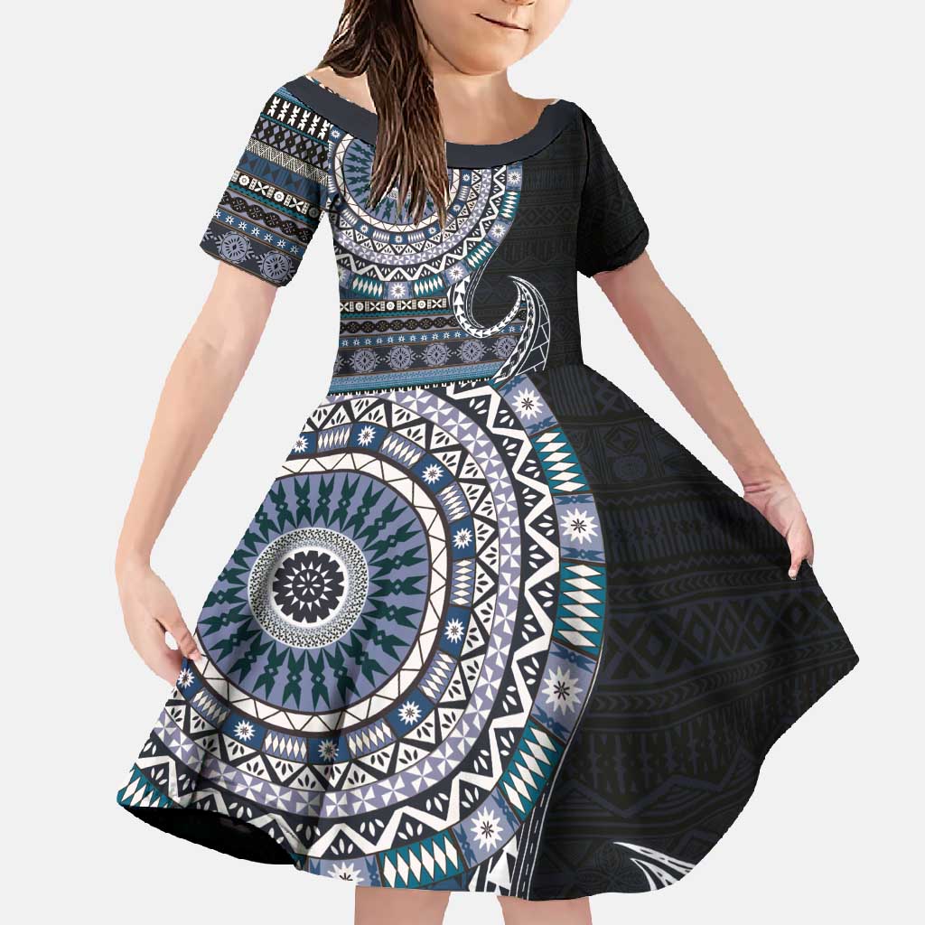 Fijian Masi Tribal Tattoos Art Pattern Family Matching Tank Maxi Dress and Hawaiian Shirt Navy Color Half Style - Polynesian Pride