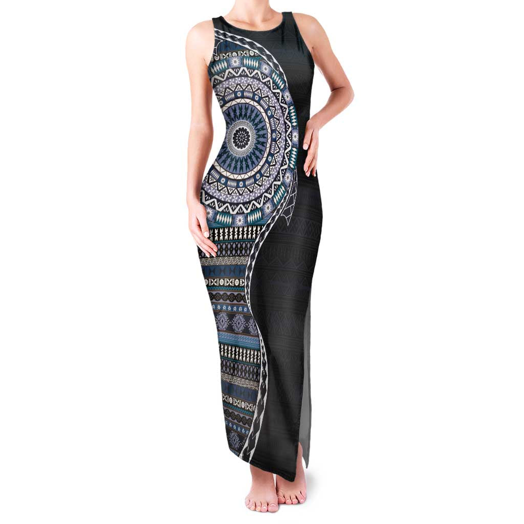 Fijian Masi Tribal Tattoos Art Pattern Family Matching Tank Maxi Dress and Hawaiian Shirt Navy Color Half Style - Polynesian Pride