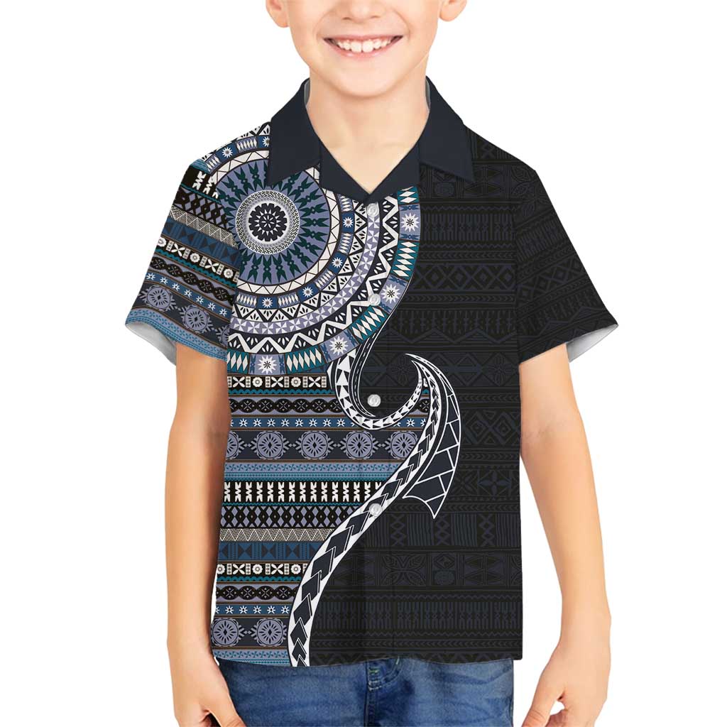 Fijian Masi Tribal Tattoos Art Pattern Family Matching Tank Maxi Dress and Hawaiian Shirt Navy Color Half Style - Polynesian Pride