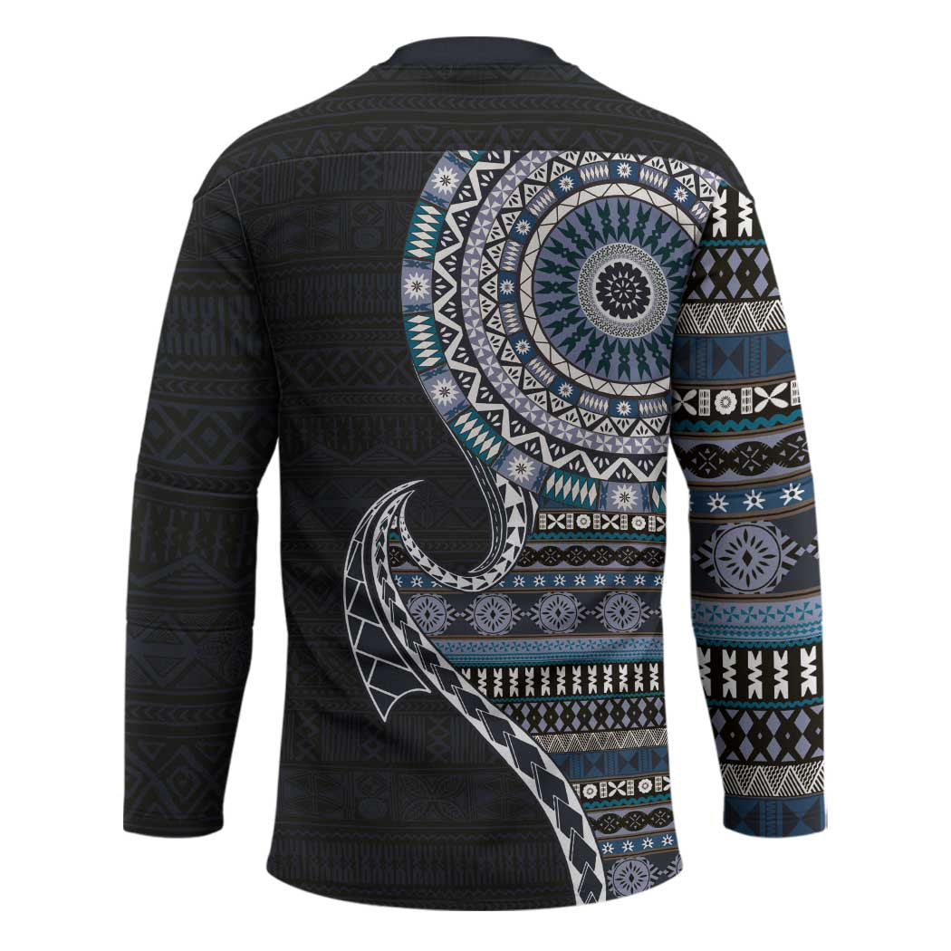 Fijian Masi Tribal Tattoos Art Pattern Hockey Jersey Navy Color Half Style - Polynesian Pride