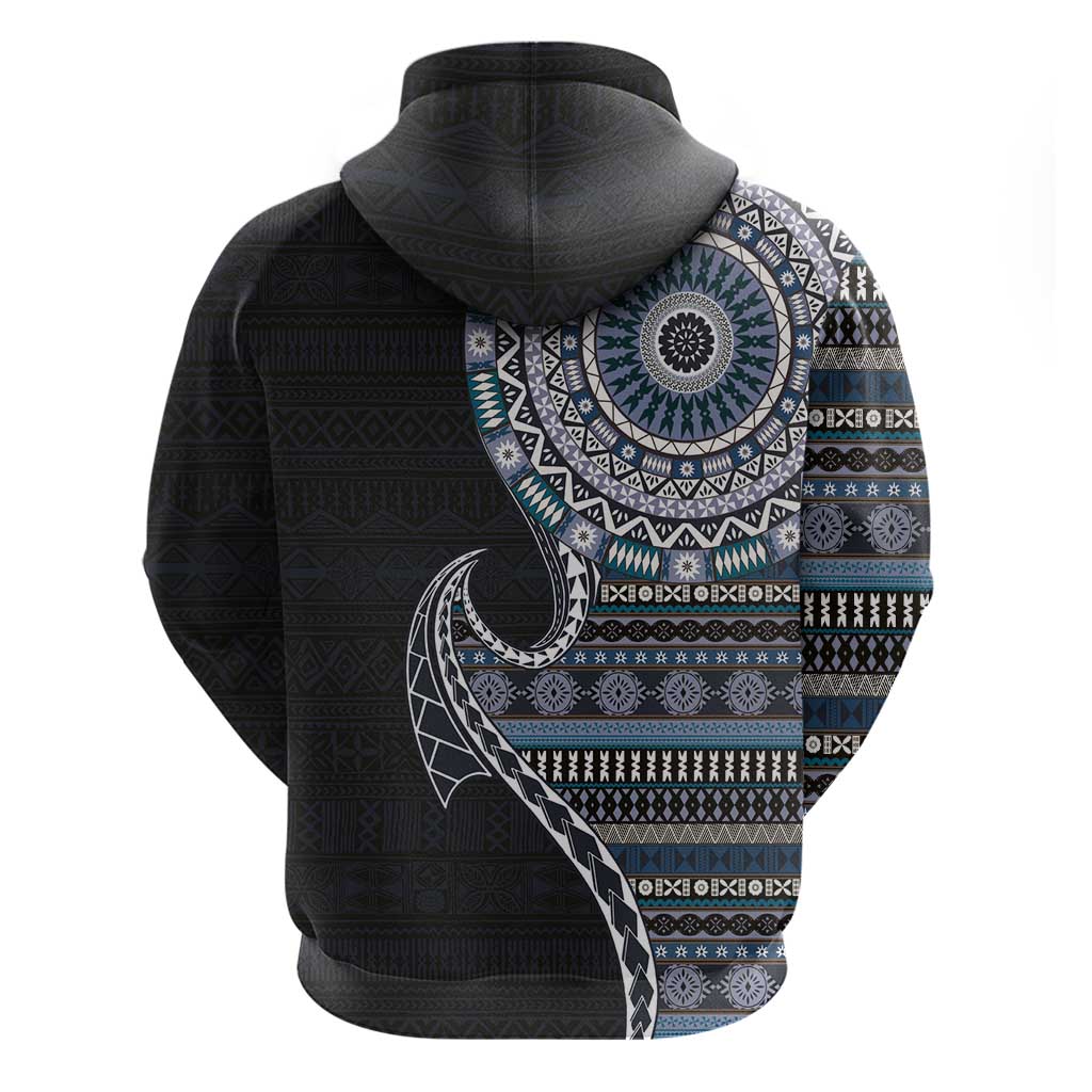 Fijian Masi Tribal Tattoos Art Pattern Hoodie Navy Color Half Style - Polynesian Pride