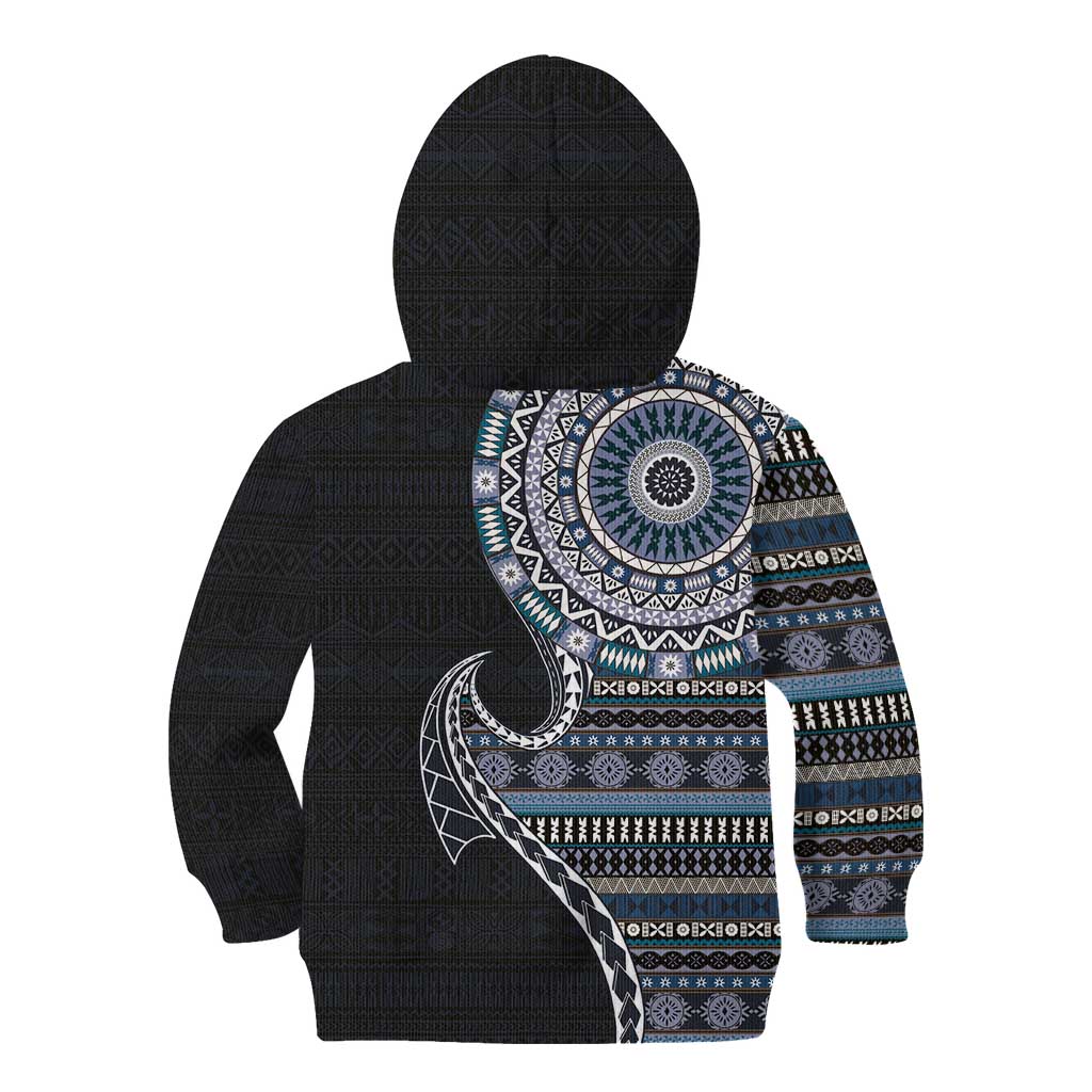 Fijian Masi Tribal Tattoos Art Pattern Kid Hoodie Navy Color Half Style - Polynesian Pride