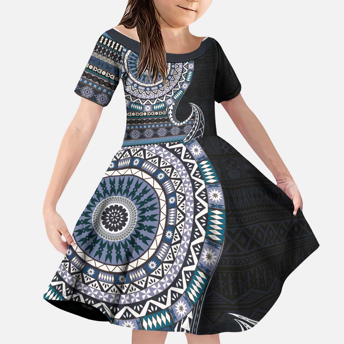 Fijian Masi Tribal Tattoos Art Pattern Kid Short Sleeve Dress Navy Color Half Style LT03 KID Navy - Polynesian Pride