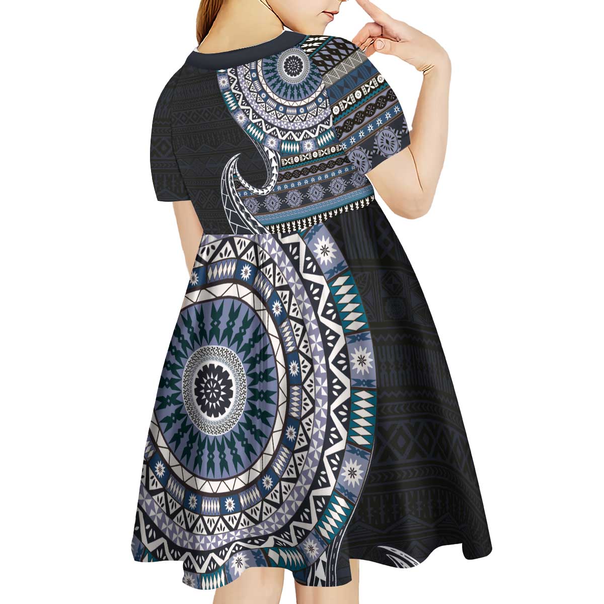 Fijian Masi Tribal Tattoos Art Pattern Kid Short Sleeve Dress Navy Color Half Style LT03 - Polynesian Pride