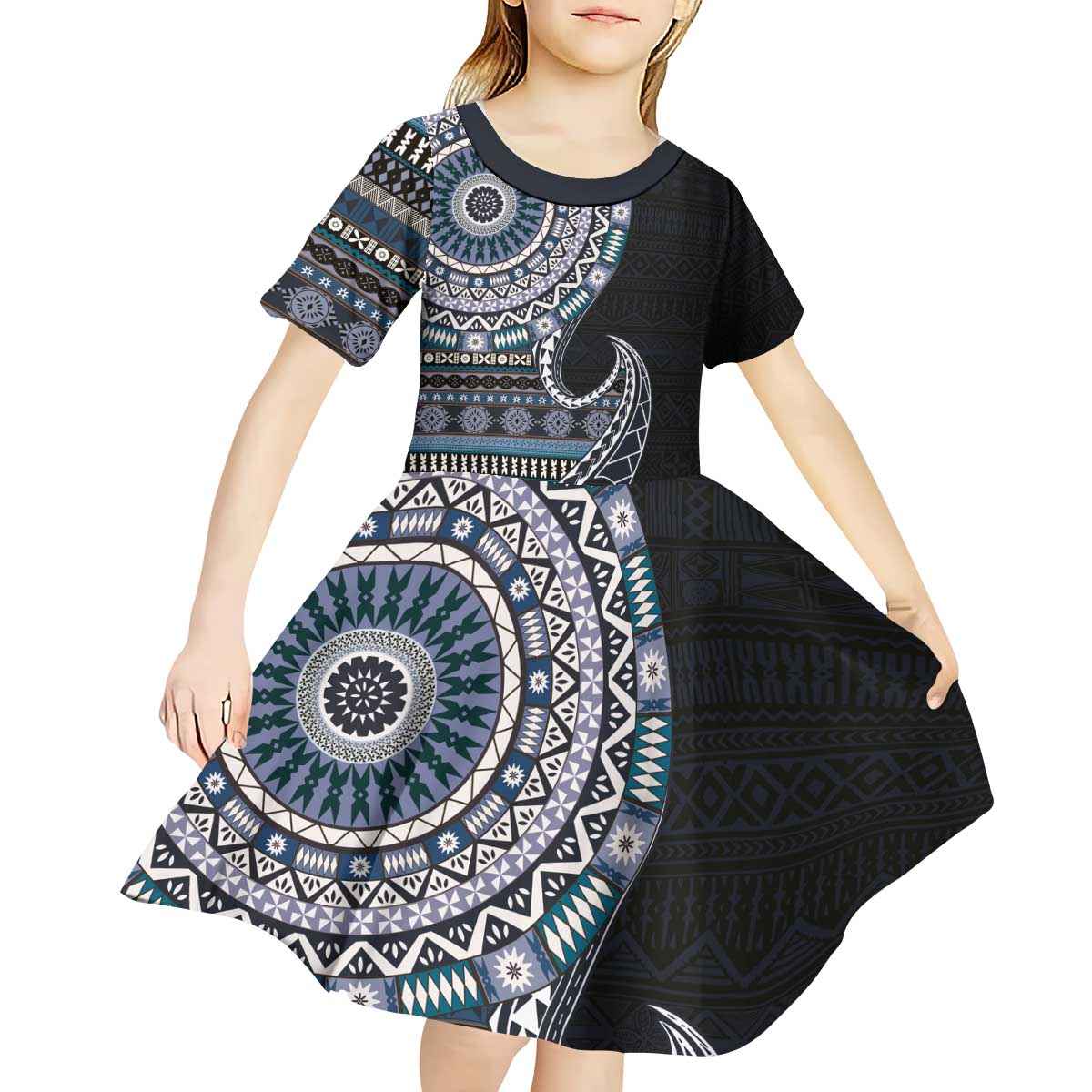 Fijian Masi Tribal Tattoos Art Pattern Kid Short Sleeve Dress Navy Color Half Style LT03 - Polynesian Pride