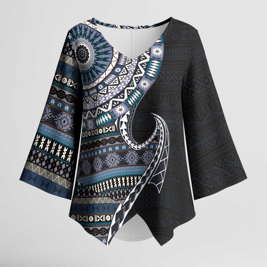 Fijian Masi Tribal Tattoos Art Pattern Kimono Sleeve Blouse Navy Color Half Style - Polynesian Pride