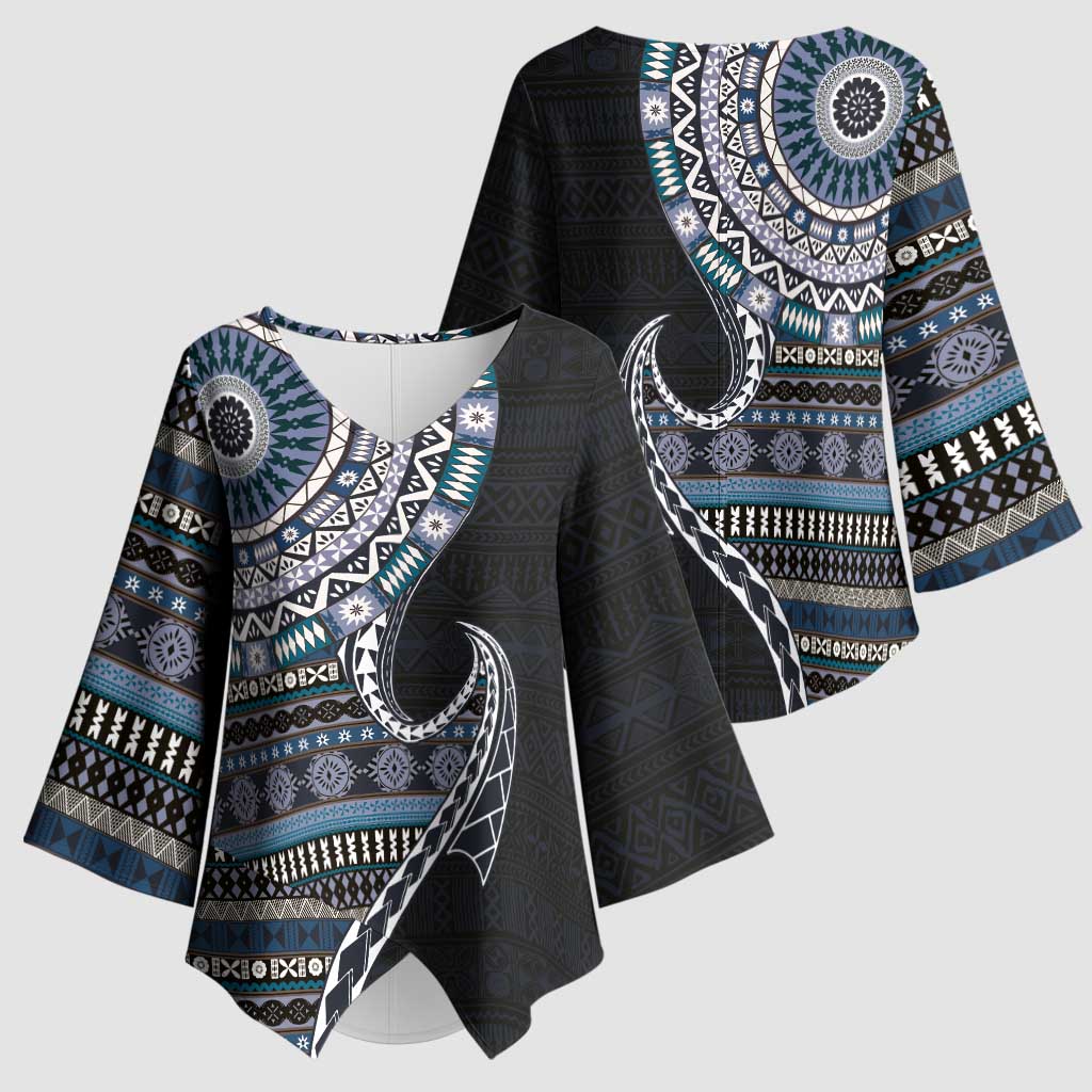 Fijian Masi Tribal Tattoos Art Pattern Kimono Sleeve Blouse Navy Color Half Style - Polynesian Pride