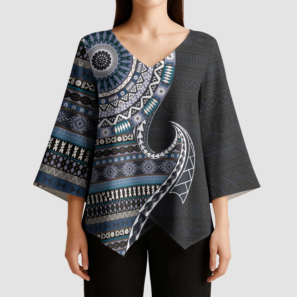 Fijian Masi Tribal Tattoos Art Pattern Kimono Sleeve Blouse Navy Color Half Style - Polynesian Pride