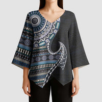 Fijian Masi Tribal Tattoos Art Pattern Kimono Sleeve Blouse Navy Color Half Style - Polynesian Pride
