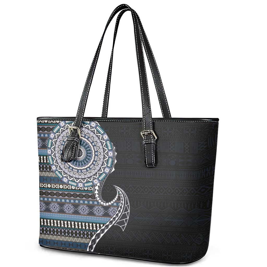 Fijian Masi Tribal Tattoos Art Pattern Leather Tote Bag Navy Color Half Style - Polynesian Pride